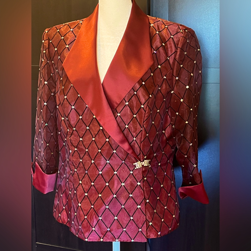 R&M Collection Sequinned Satin Jacket. Lined Bodice, Sheer Sleeves. Burgundy. 14